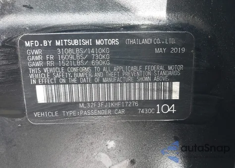 2019 Mitsubishi Mirage G4 Es z USA, uszkodzony, nr VIN ML32F3FJ1KHF17276